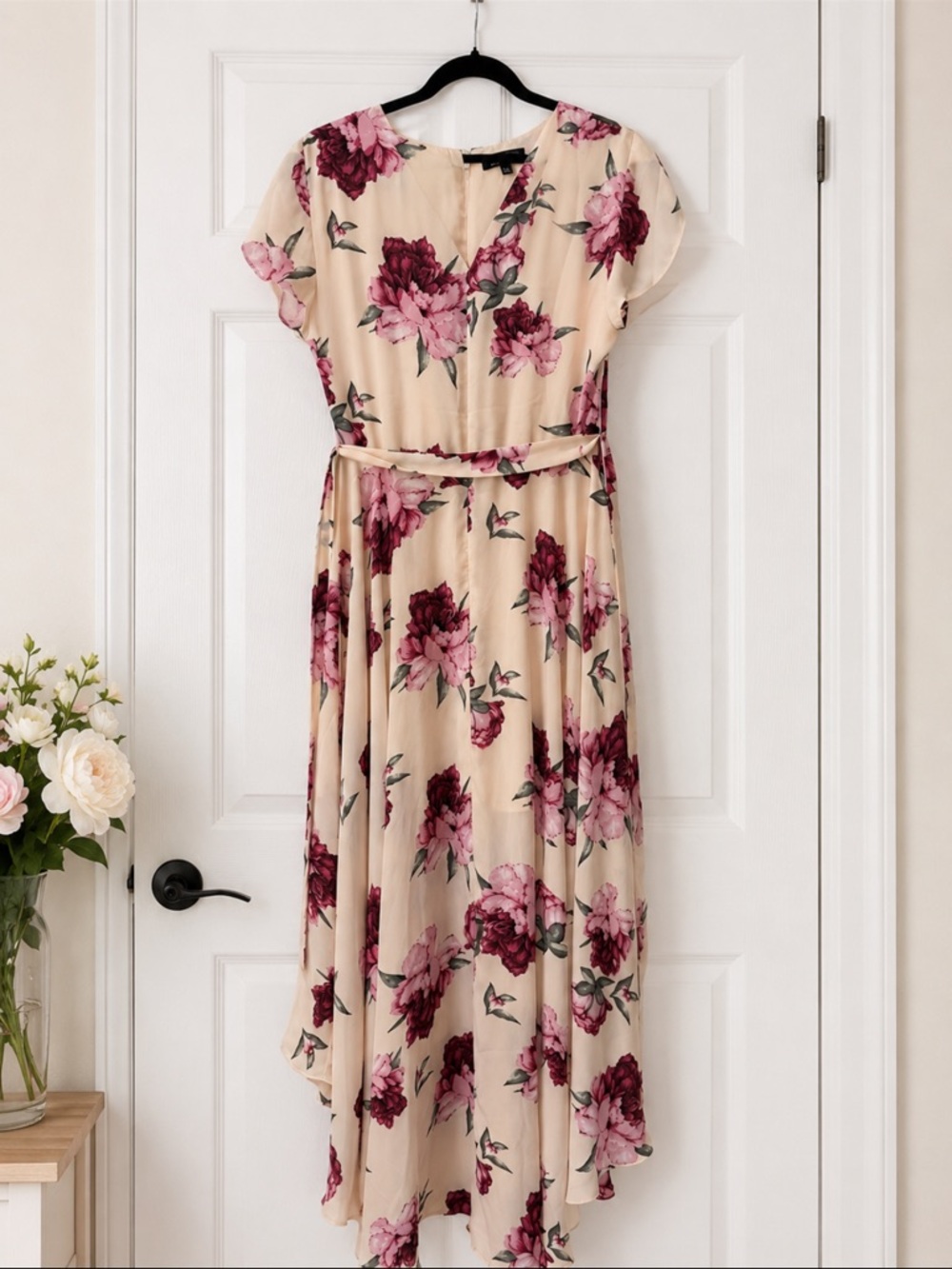 Lulus Blush Floral High Low Wrap Midi Dress Size Large - Picture 3 of 3